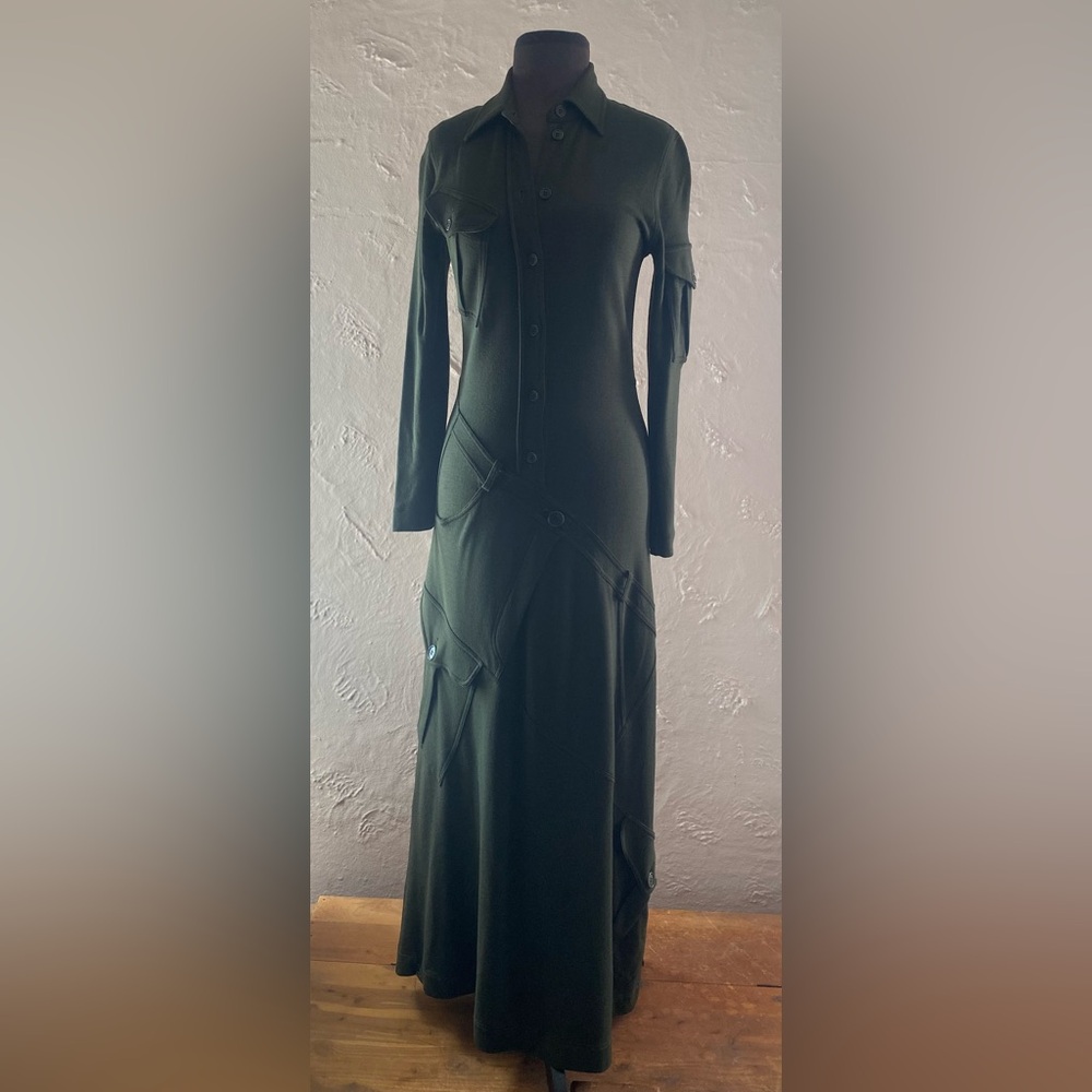 Vintage 90s Moschino Cheap and Chic Green Wool Cargo Utility Maxi Dress - Picture 7 of 16